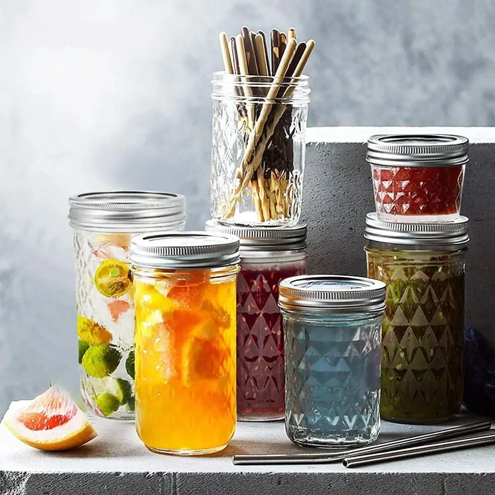 Set of 8 Mason Jars Set w/ Lids Quilted Crystal Jars, 16oz Glass Canning Jars